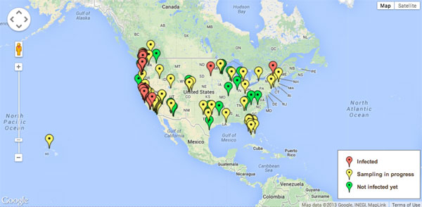 Map showing areas with honey bees infected with Zombie Fly.